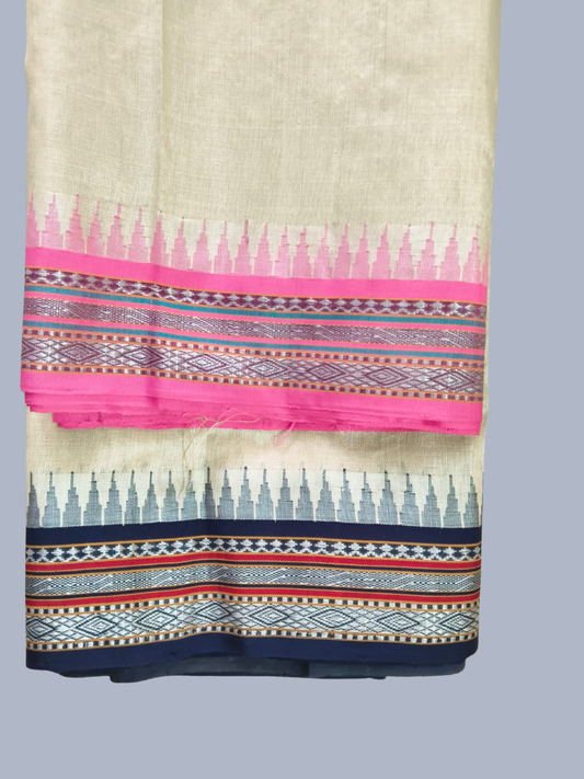 Pink & Blue Handloom Vidarbha Tussar Silk Saree with Multicolor Contrast Border -006