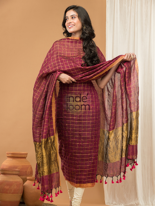 Handwoven Jamdani Linen Unstitched 2-piece Kurti  |  Maroon Red