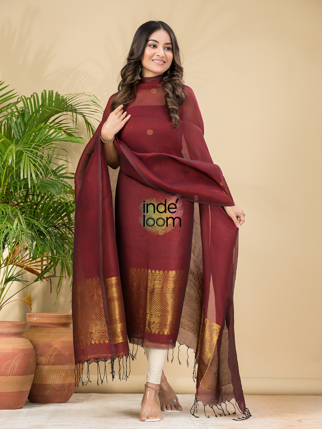 Mahogany Wine | Handloom Jamdani Muslin Unstitched 2-Piece Kurti | Classic Design
