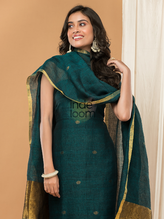 Slate Teal | Handloom Jamdani Linen Unstitched 2-Piece Kurti