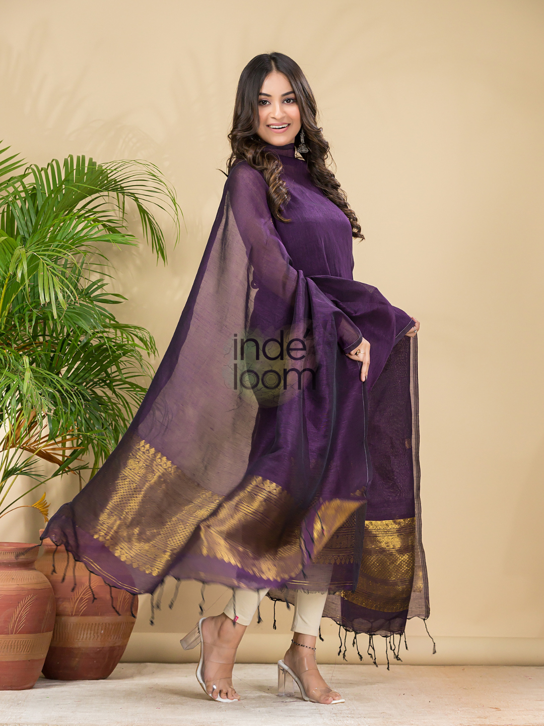 Midnight Plum | Handloom Jamdani Muslin Unstitched 2-Piece Kurti | Classic Design