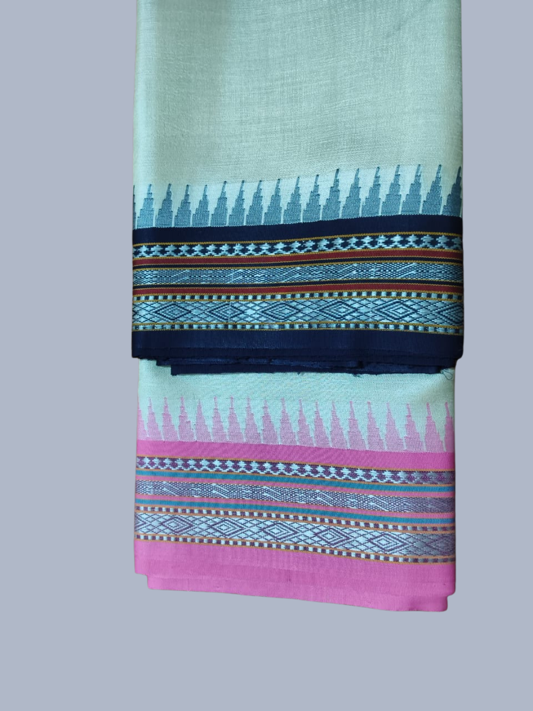 Blue & Dark Pink Handloom Vidarbha Tussar Silk Saree with Multicolor Contrast Border -004