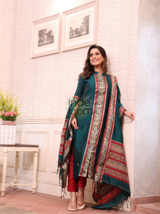 Handwoven Jamdani Linen Unstitched 2-piece Kurti  |  Peacock Teal