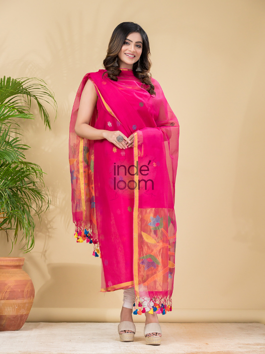 Handwoven Jamdani Muslin Unstitched 2-piece Kurti  |  Magenta Pink