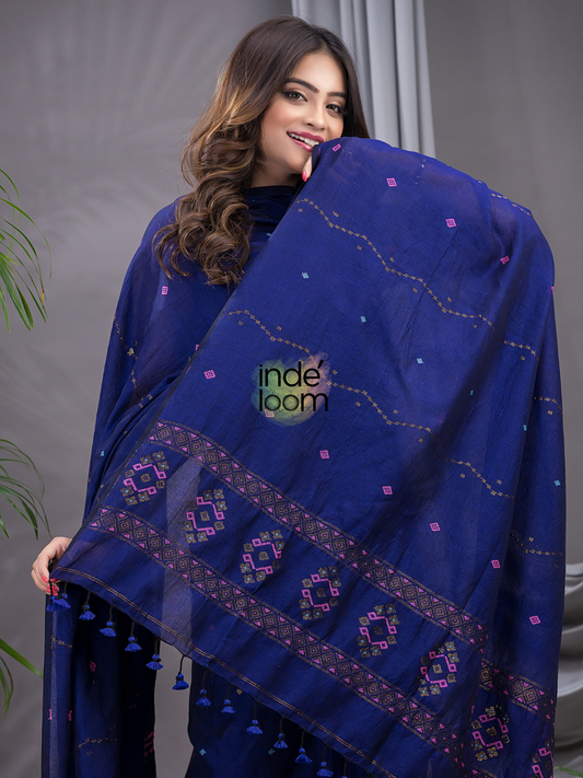 Handwoven Jamdani Silk Cotton Unstitched 2-piece Kurti  |  Sapphire Blue