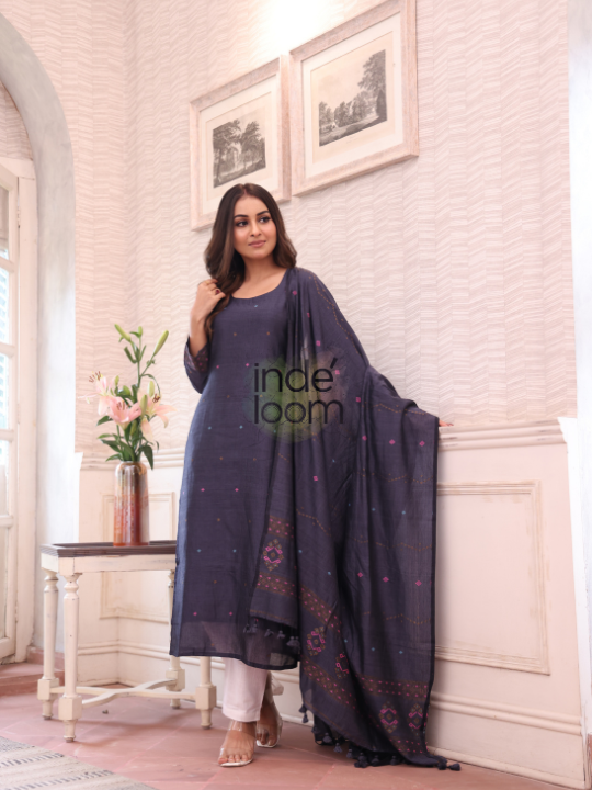 Slate Blue Grey | Handloom Jamdani Cotton Unstitched 2-Piece Kurti | Bhujodi Design