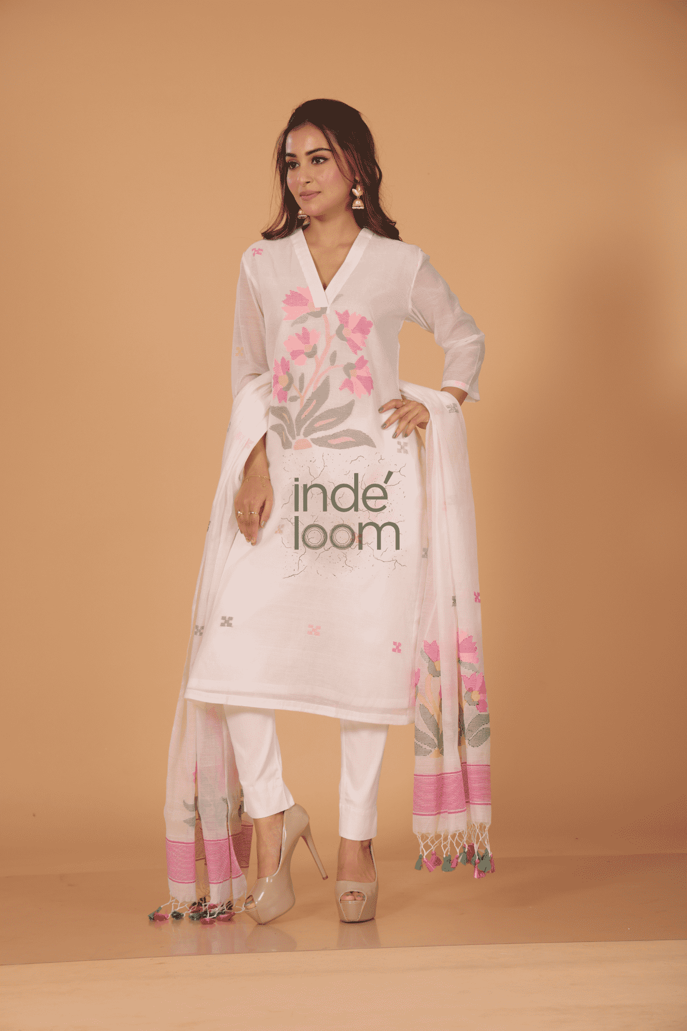 Muslin Jamdani 2-Piece Set Kurti & Dupatta (UNSTITCHED) - Pearl White - 078