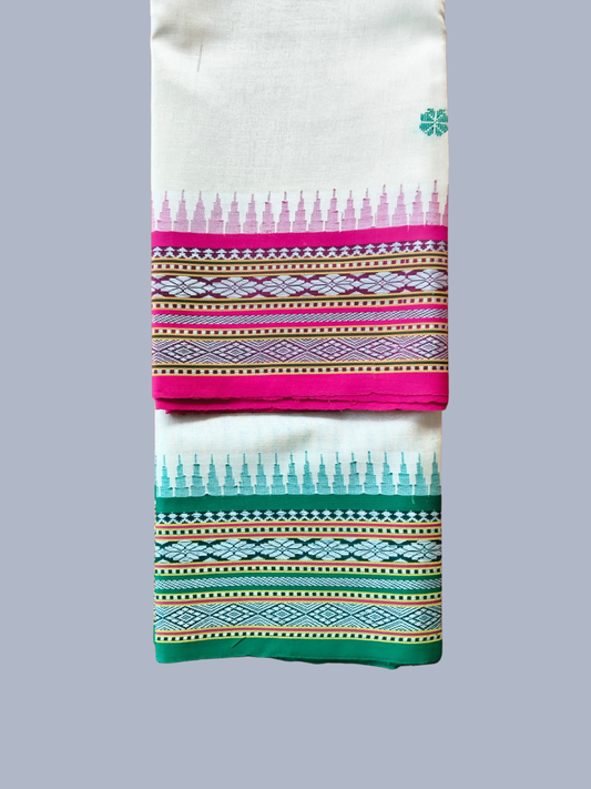 Pink & Green Handloom Vidarbha Tussar Silk Saree with Multicolor Contrast Border - 002