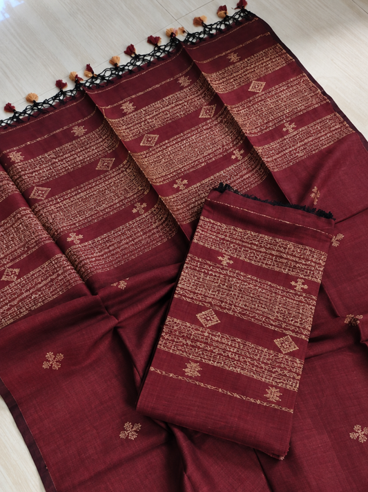 Handwoven Jamdani Linen Unstitched 2-Piece Kurti | Wine Red