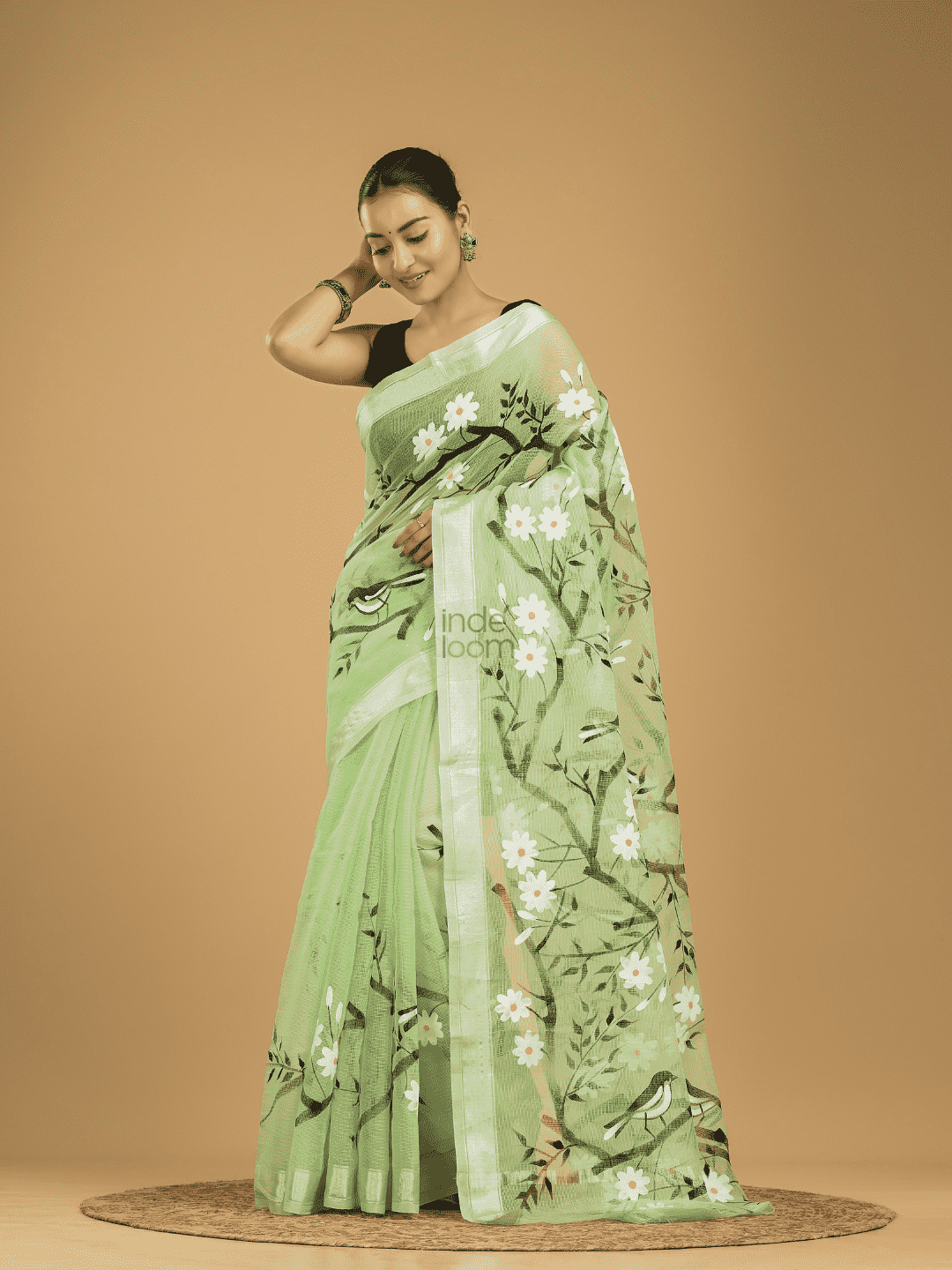 Kota Doria Handpainted Saree With Mint Green - 001 - indeloom