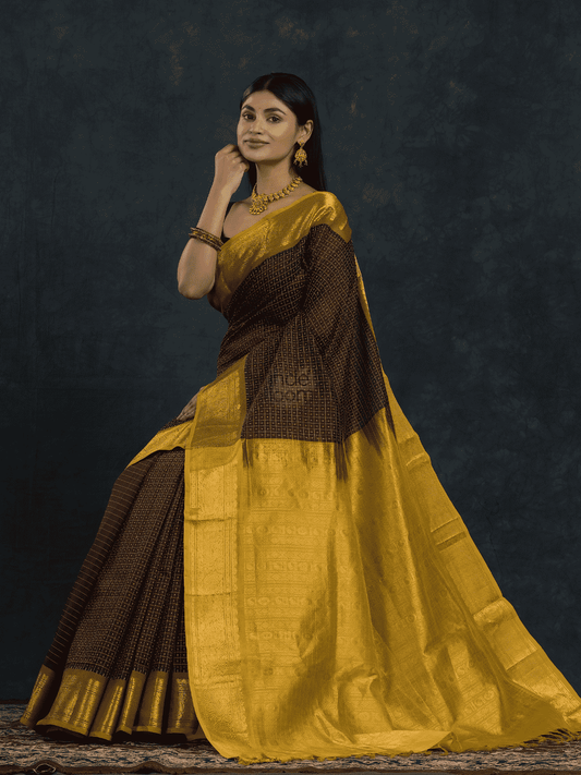 Pure Handloom Korvai Silk Cotton Lakshadeepam Saree in olive green border and yellow Border - 134