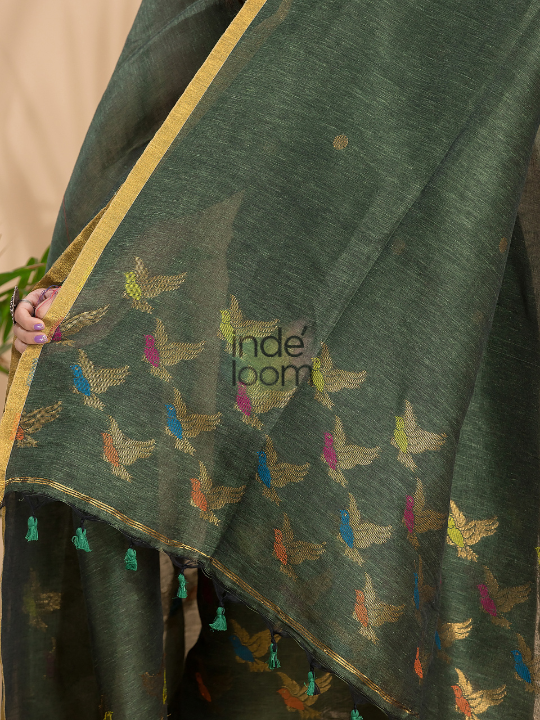 Handwoven Jamdani Cotton Linen Kurti  |  Army Green