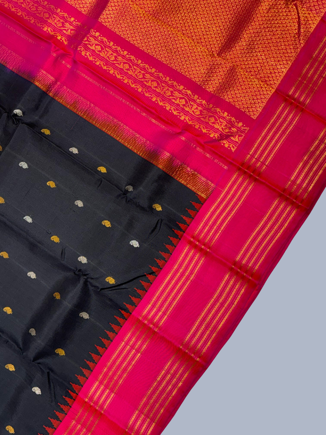 Rich Black and Pink Border Pure Handwoven Gadwal Silk Saree -203
