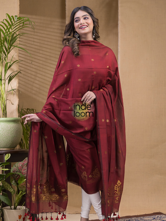 Terracotta Rouge | Handloom Jamdani Cotton Unstitched 2-Piece Kurti | Meenakari Design