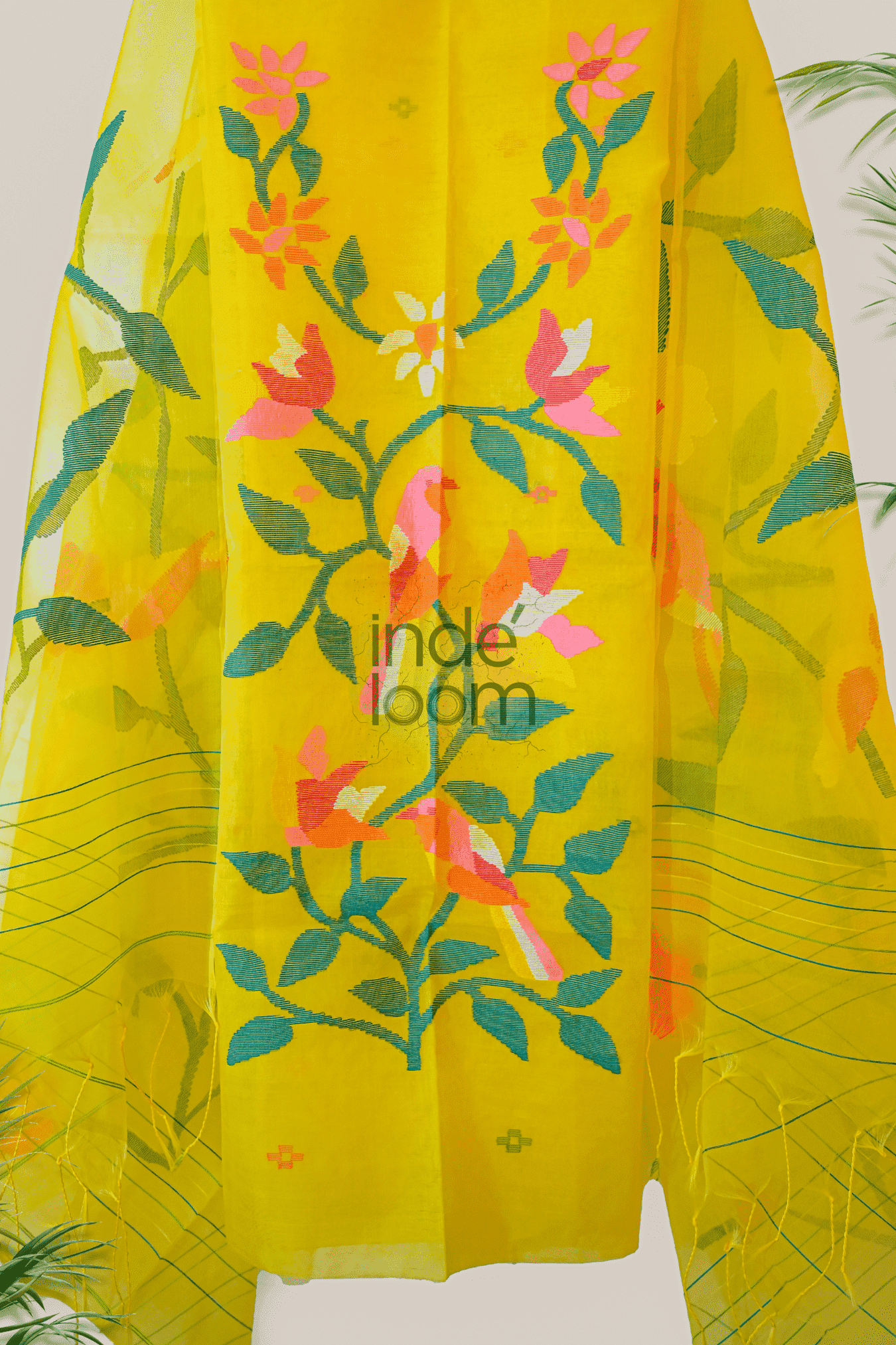Golden Yellow Muslin Jamdani 2 Piece Set Kurti & Dupatta (UNSTITCHED) -358 - indeloom