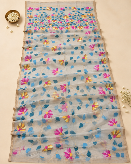 Handwoven Jamdani Muslin Saree | Pearl Grey