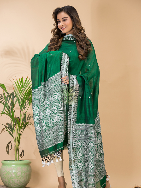 Deep Emerald | Handloom Jamdani Muslin Unstitched 2-Piece Kurti | Baluchari Design