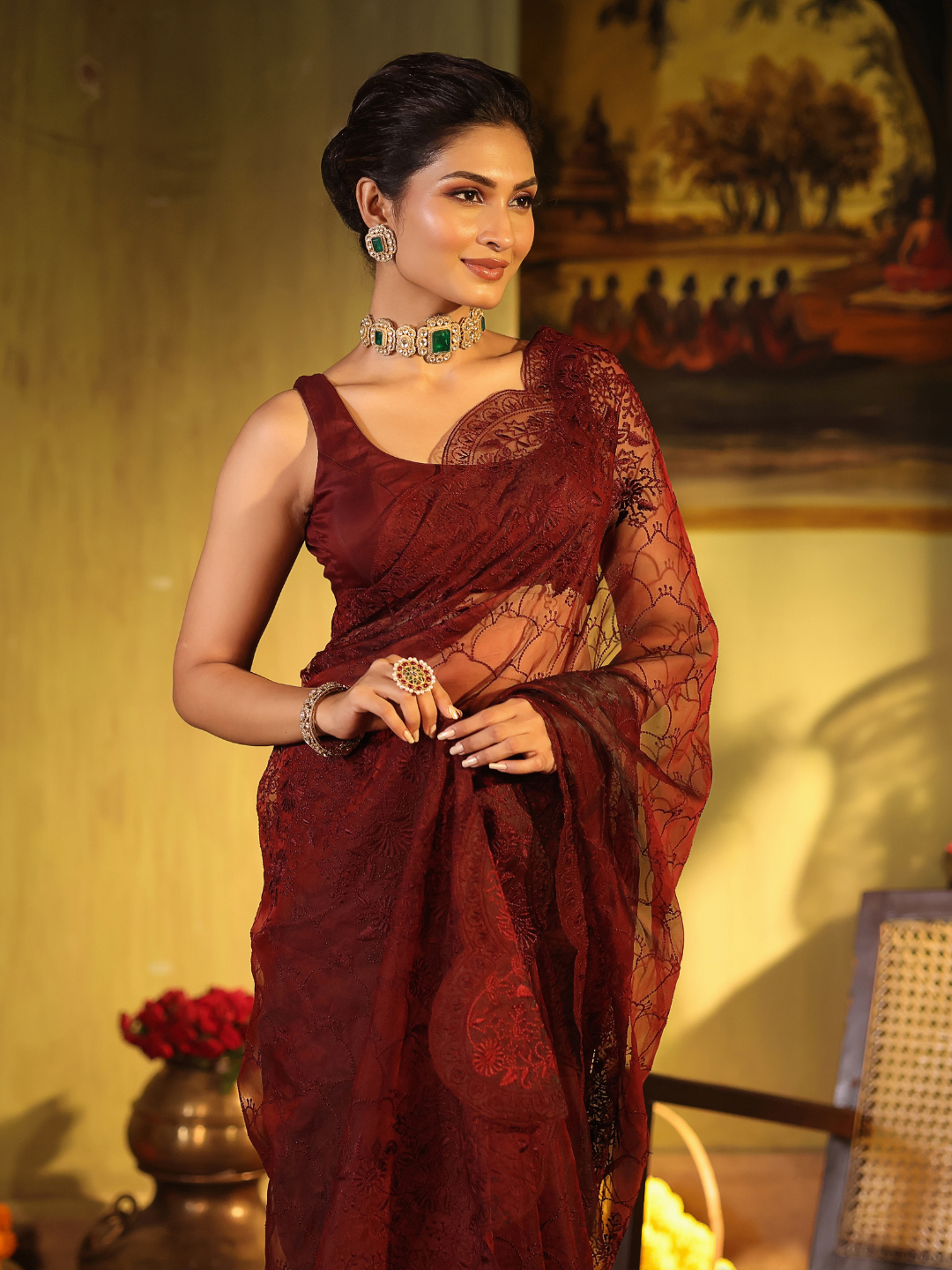 Organza Embroidery Saree With Deep Maroon - 002
