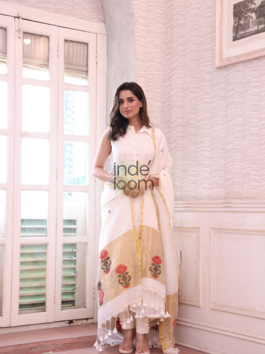 Handwoven Jamdani Linen Unstitched 2-piece Kurti  |  Warm Ivory