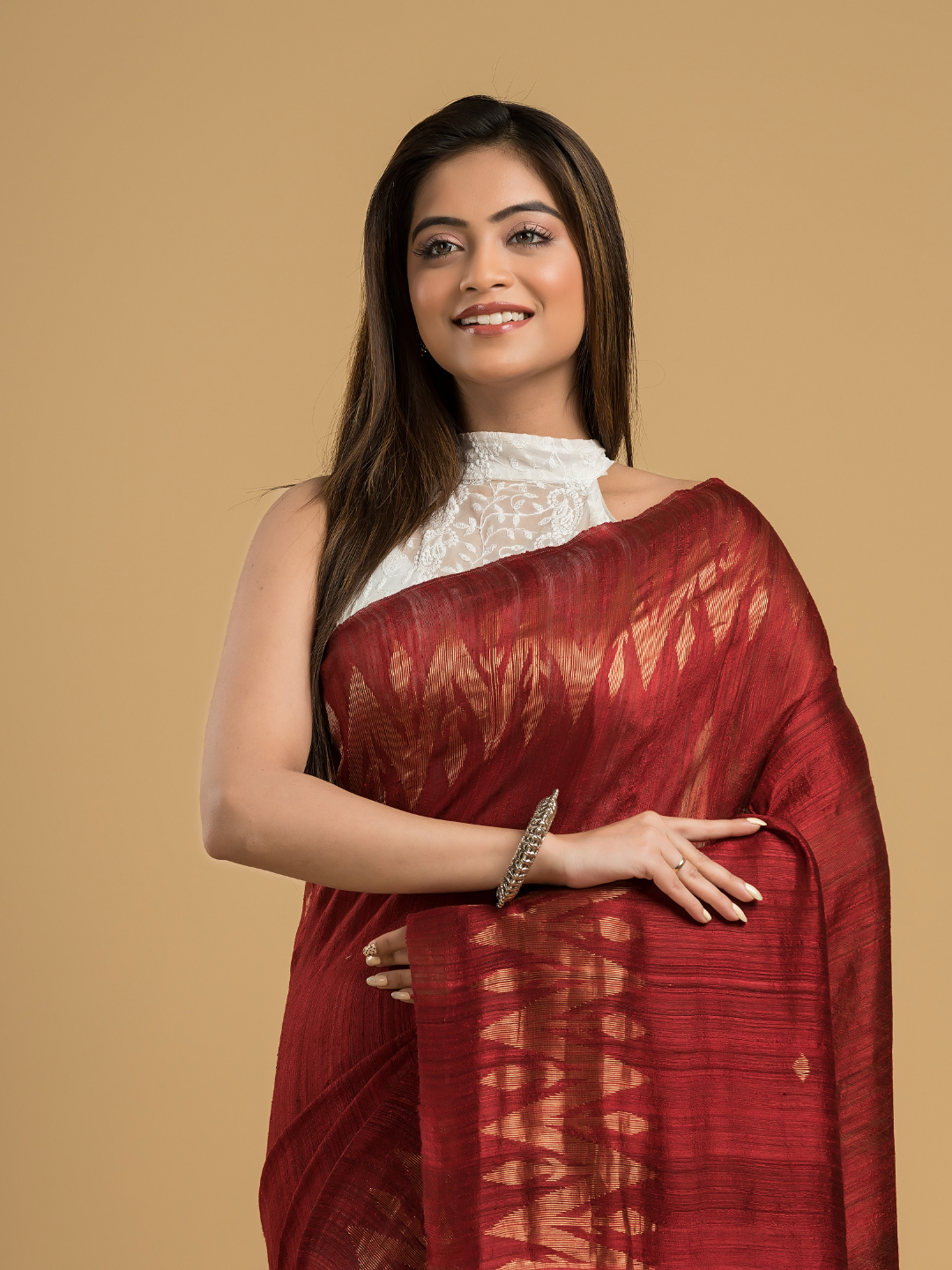 Matka Silk Jamdani Saree  With Blood Red - 084