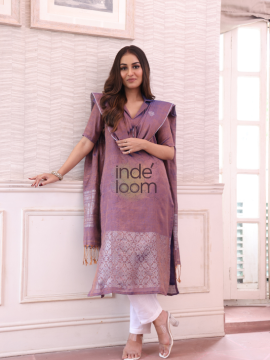 Dusty Lilac | Handloom Jamdani Linen Unstitched 2-Piece Kurti