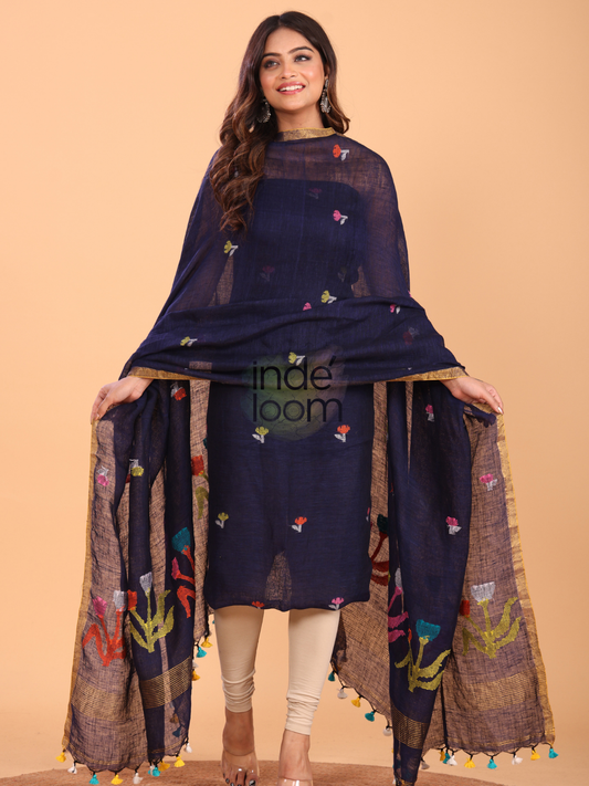 Midnight Blue Linen x Linen Jamdani 2-Piece Set Kurti & Dupatta (UNSTITCHED) - 051
