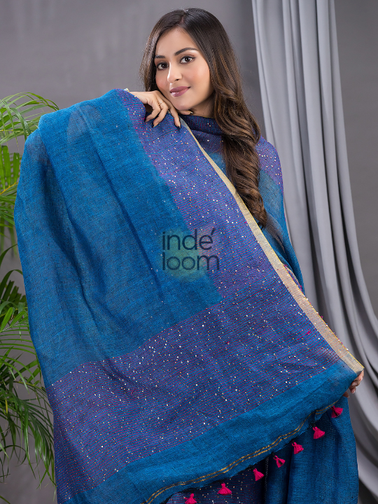 Sapphire Blue | Handloom Jamdani Linen Unstitched 2-Piece Kurti
