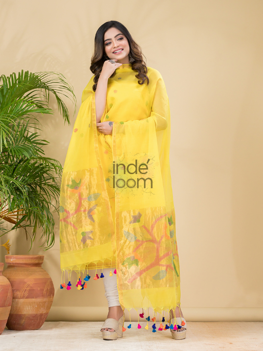 Lemon Zest | Handloom Jamdani Muslin Unstitched 2-Piece Kurti | Paithani Design