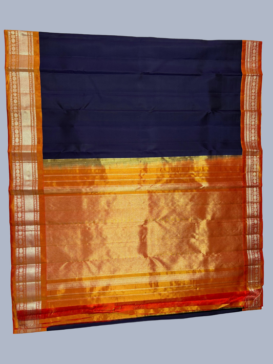 Pure Handwoven Gadwal Silk Saree With Berry Blue- 021