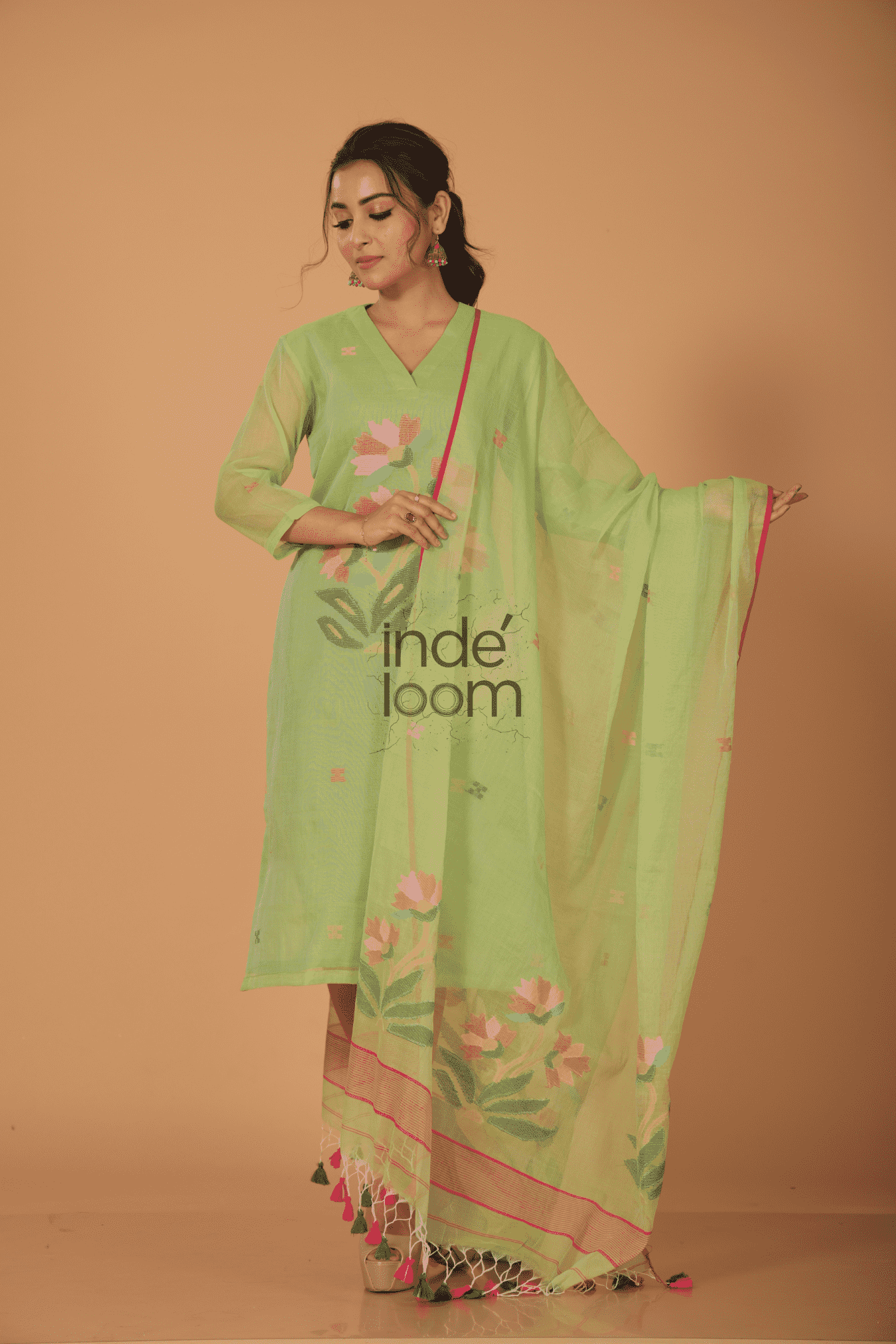 Muslin Jamdani 2-Piece Set Kurti & Dupatta (UNSTITCHED) - Light Green - 076