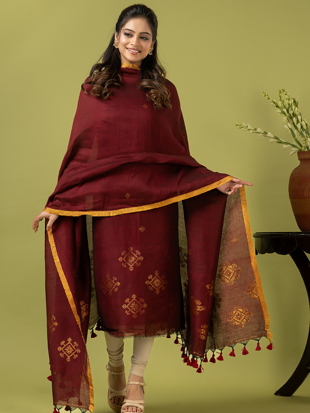 Handwoven Jamdani Linen Unstitched 2-piece Kurti | Deep Maroon