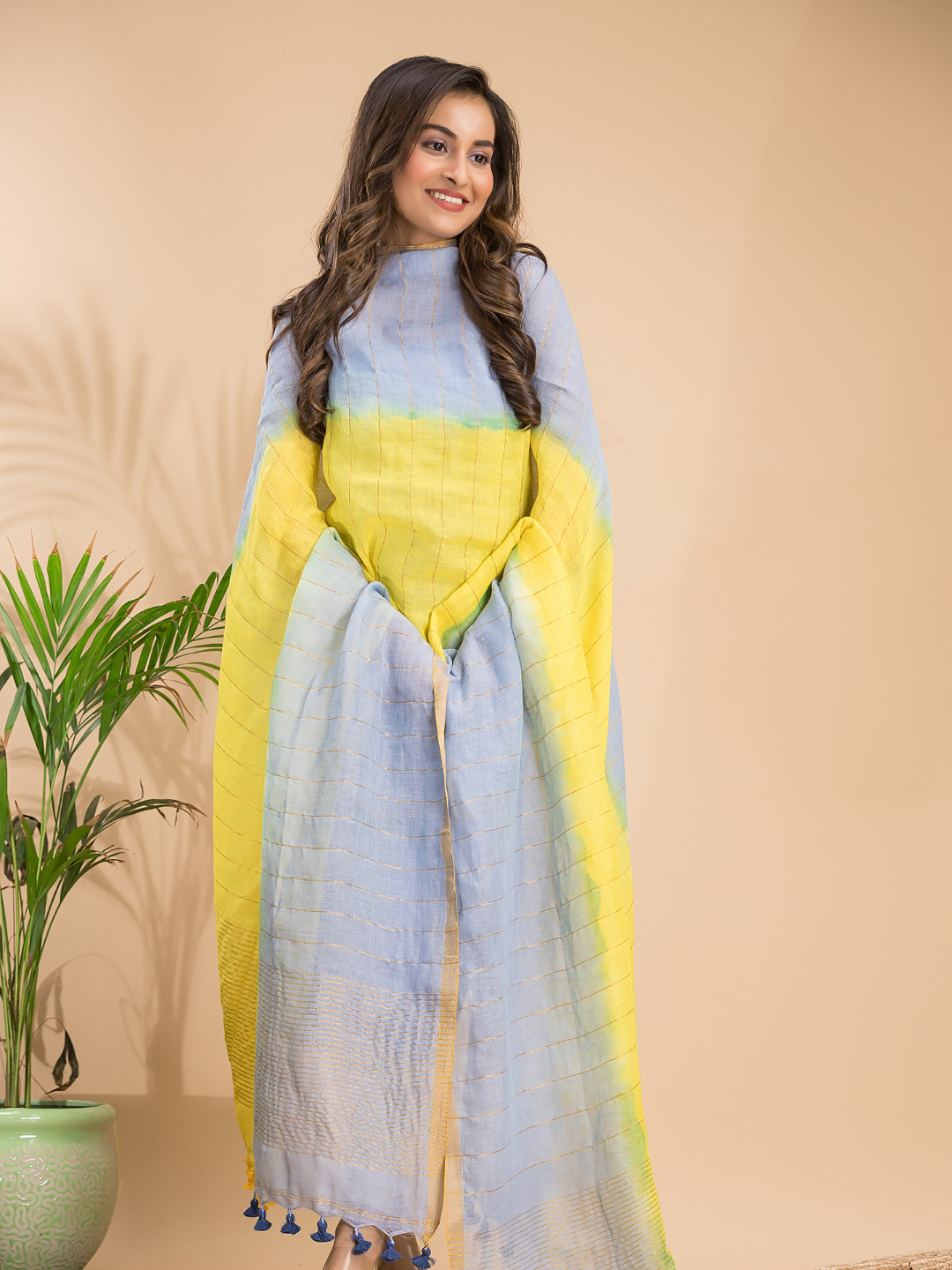 Pigeon Blue Handloom Linen X Linen 2-Piece Set Kurti & Dupatta (UNSTITCHED) - 862