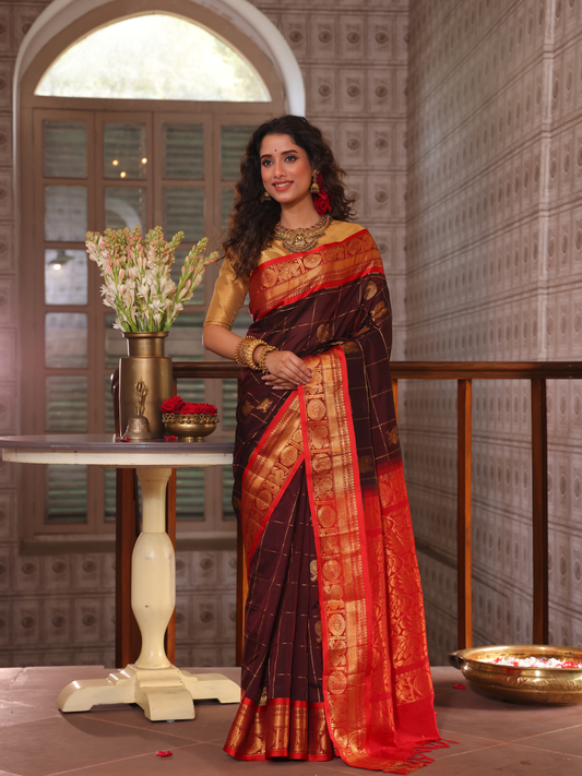Pure Handloom Korvai Saree | Dark Brown and Rani Pink