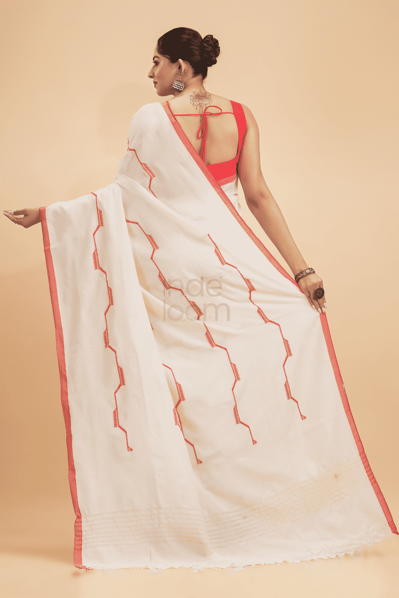 Durga Puja Saree Handloom Cotton in Red White- 001 - indeloom