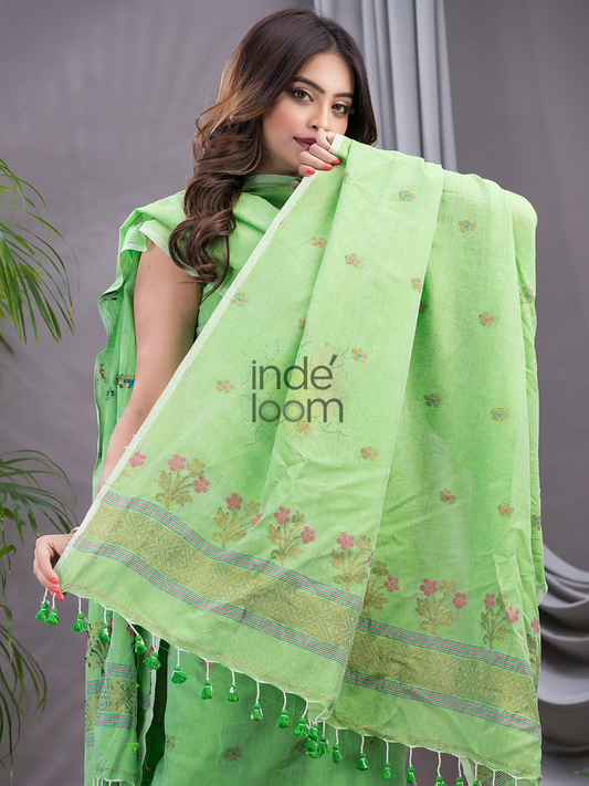 Handwoven Jamdani Silk Cotton Unstitched 2-piece Kurti  |  Lime Green