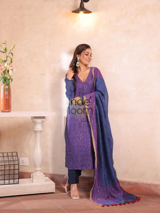 Handwoven Jamdani Linen Unstitched 2-piece Kurti  |  Royal Purple