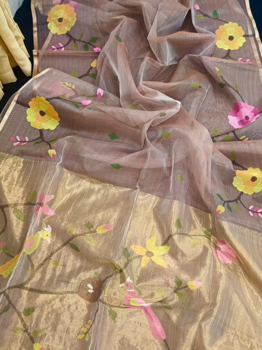 Rosy Brown Hand Woven Muslin Paithani Jamdani Saree- 105