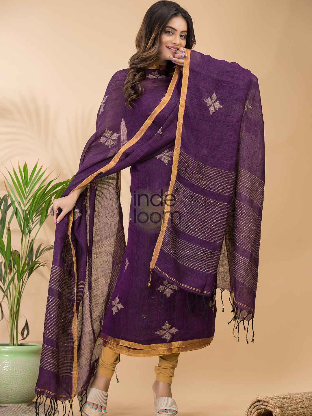 Wine Purple Linen X Linen 2-Piece Set Kurti & Dupatta (UNSTITCHED) - 070