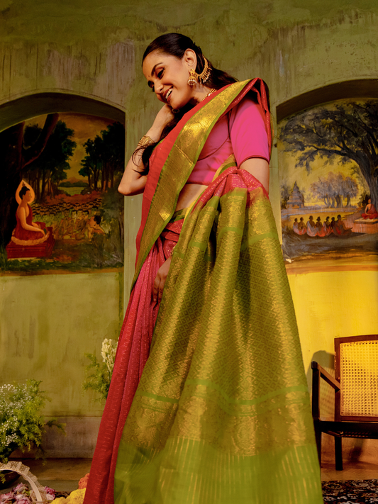 Handloom Korvai Silk Cotton Saree  |  Magenta Pink
