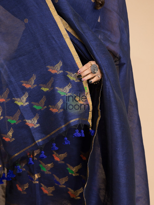 Handwoven Jamdani Cotton Linen Kurti  |  Steel Blue