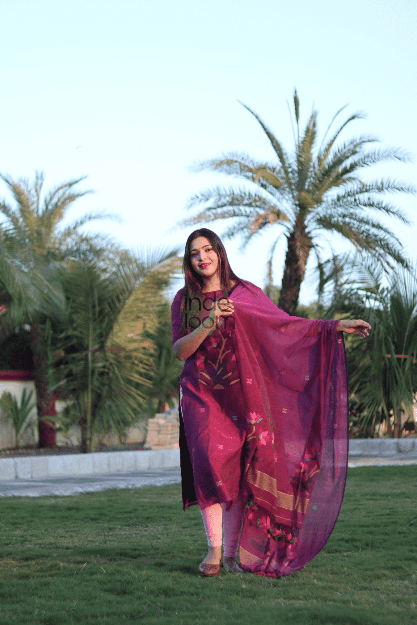 Grape Purple Muslin Jamdani 2-Piece Set Kurti & Dupatta (UNSTITCHED) - 369 - indeloom