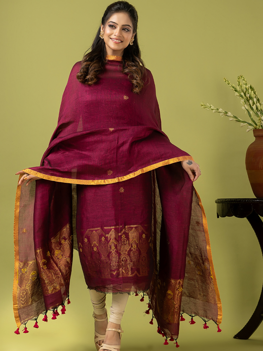 Handwoven Jamdani Linen Unstitched 2-piece Kurti | Wine Red