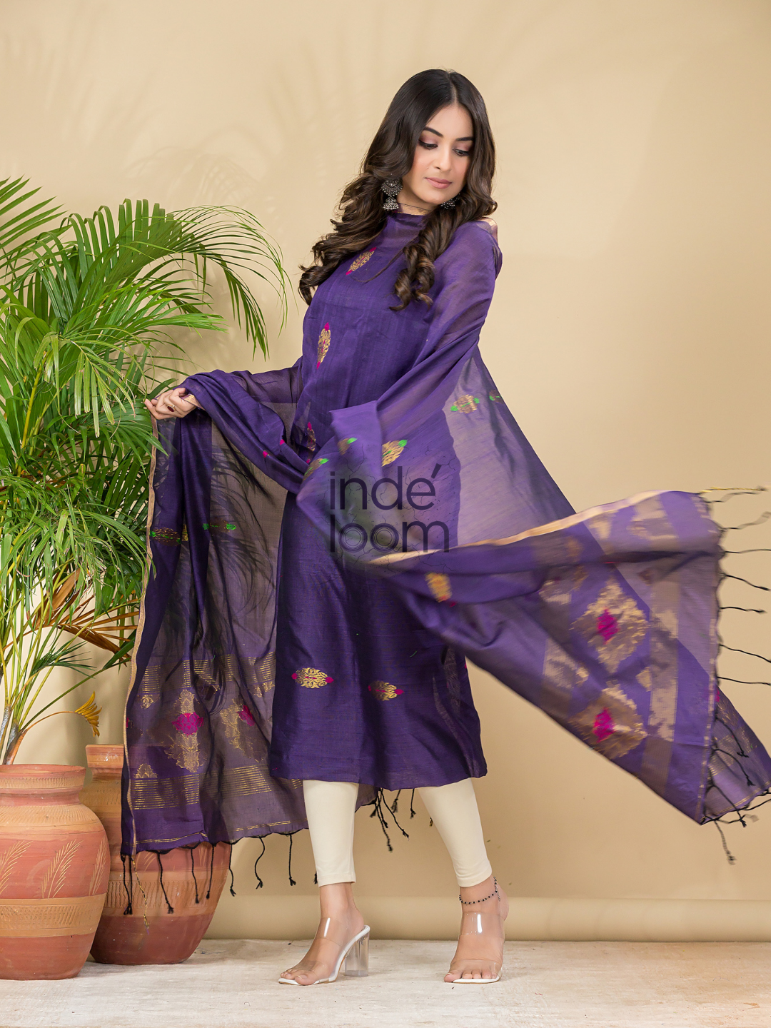Grape Purple Mercerised Cotton Meenakari Motif 2-Piece Kurti & Dupatta (UNSTITCHED)-874