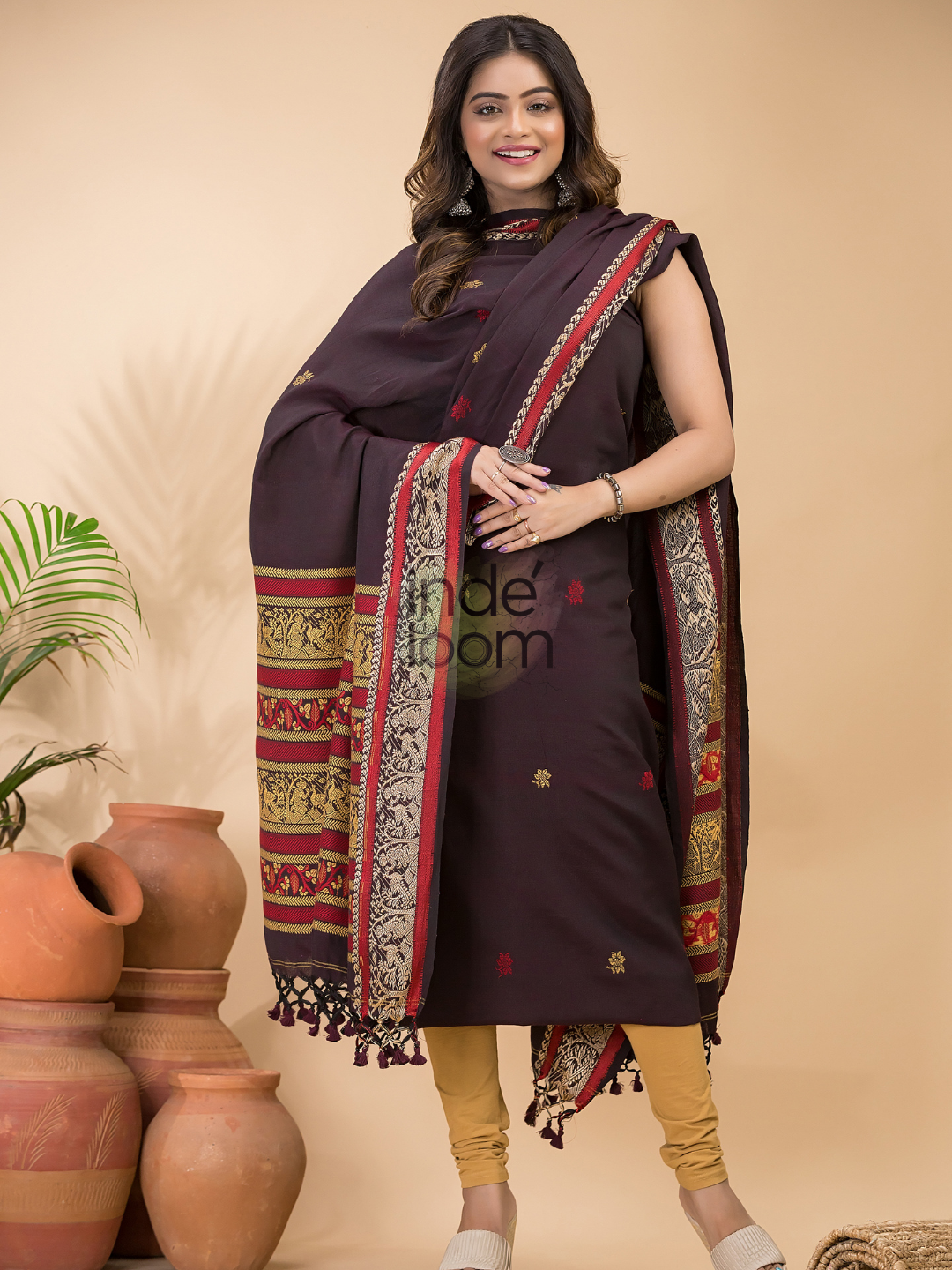 Dark Maroon Baluchari Linen 2-Piece Set Kurti & Dupatta (UNSTITCHED) - 049