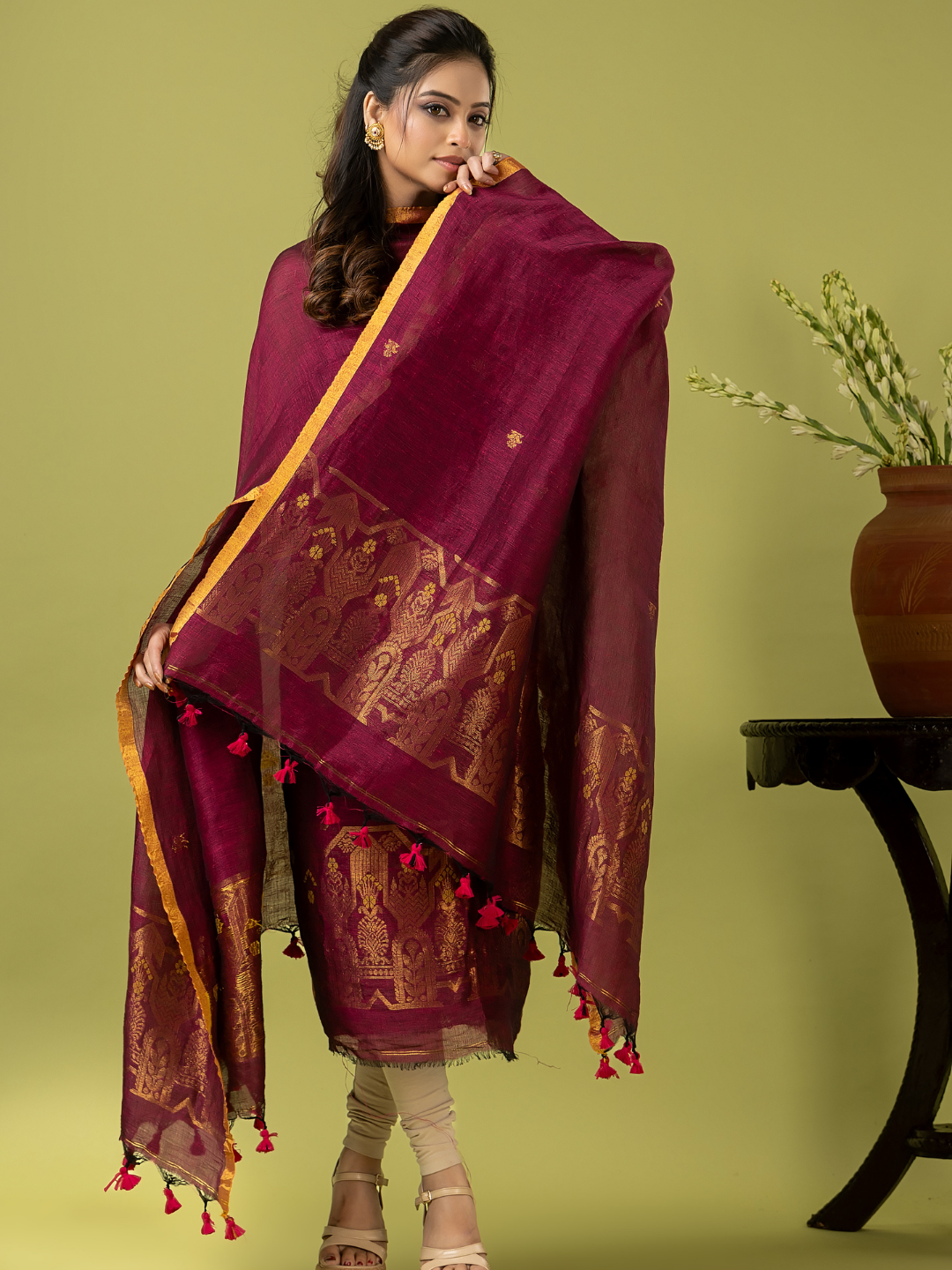Handwoven Jamdani Linen Unstitched 2-piece Kurti | Wine Red