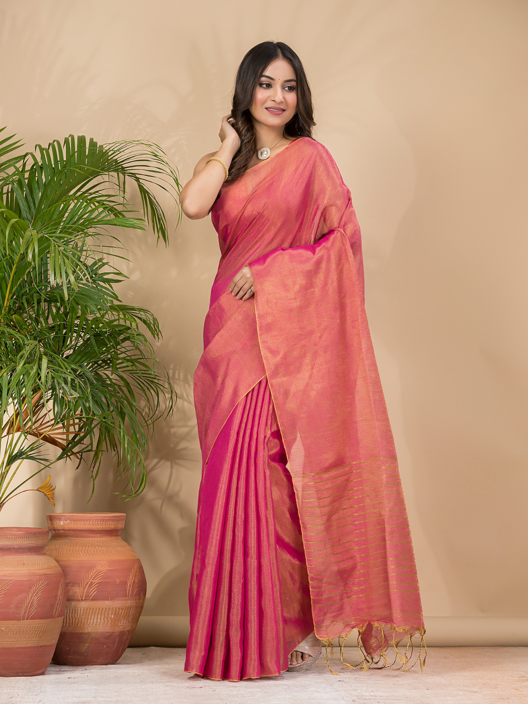 Tissue Linen Handloom Saree With Peach Pink - 023