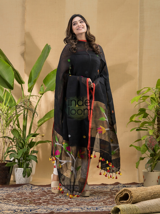 Coal Black Linen Jamdani 2-Piece Set Kurti & Dupatta (UNSTITCHED) -786