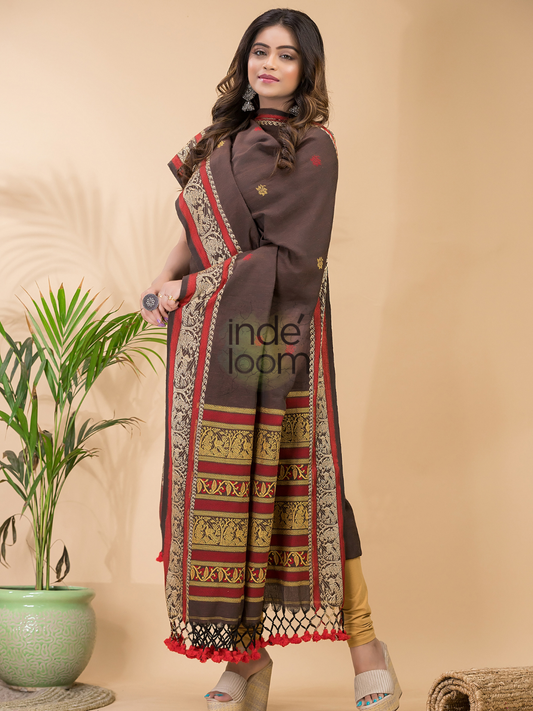 Russet Brown Baluchari Linen 2-Piece Set Kurti & Dupatta (UNSTITCHED) - 050