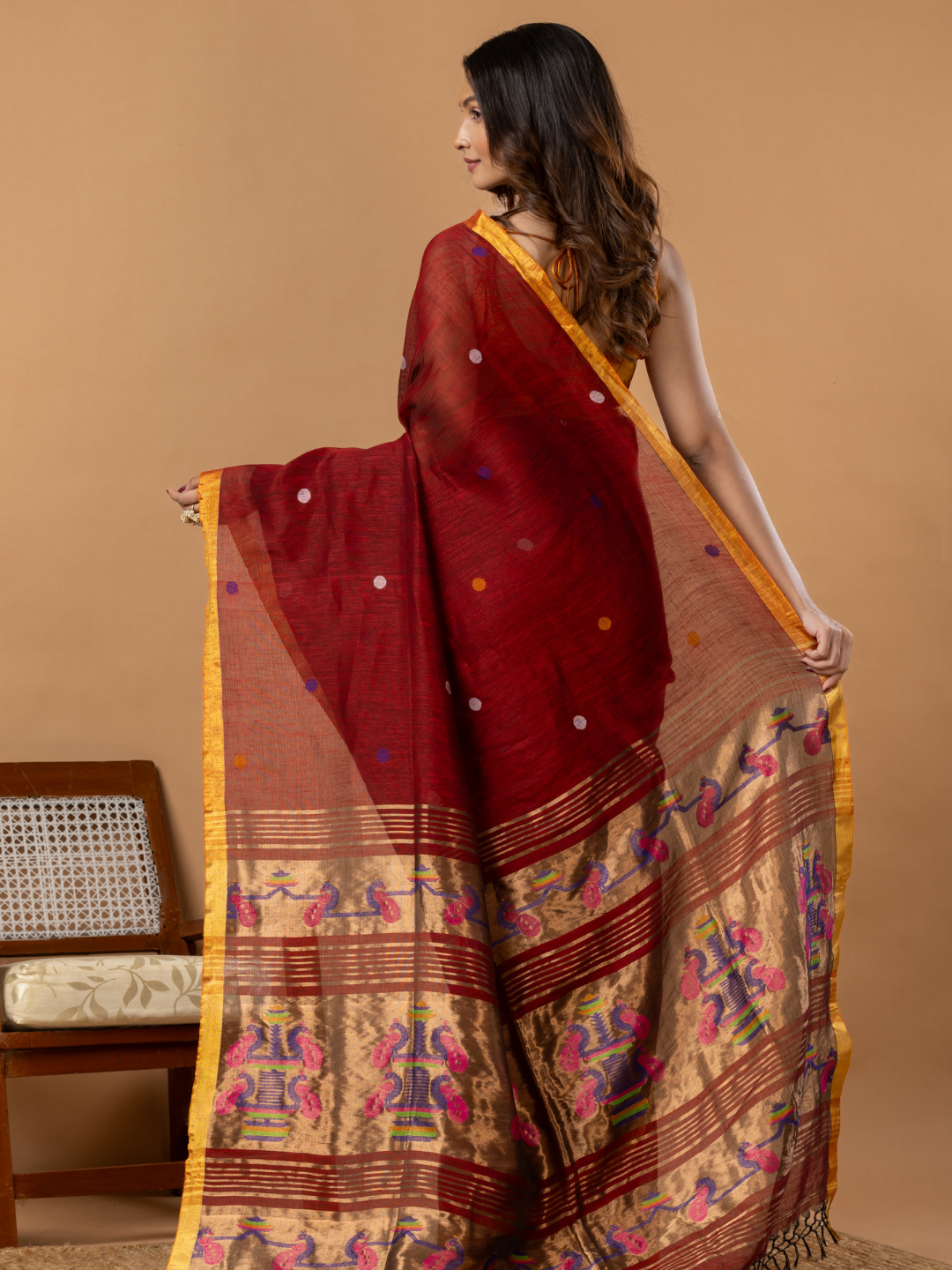 Pure Handloom Linen Saree | Deep Red