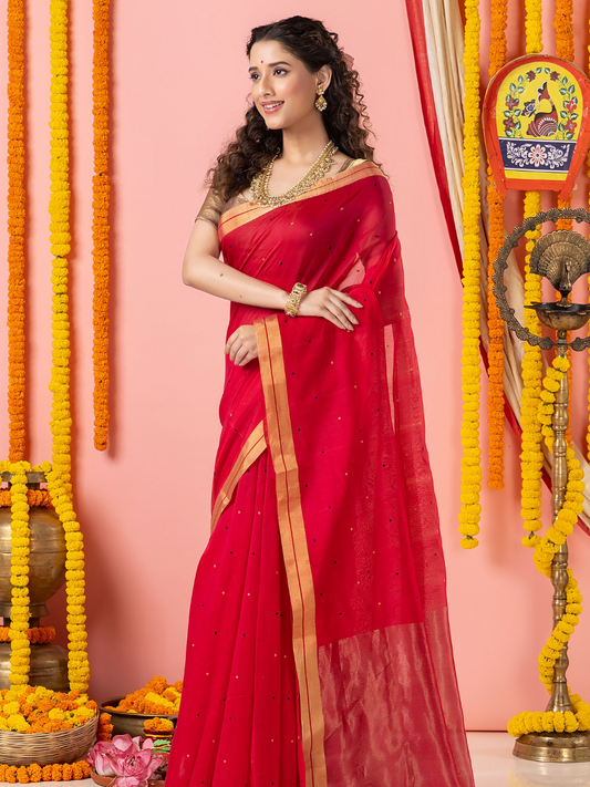 Handwoven Chanderi Silk Cotton Saree | Classic Red